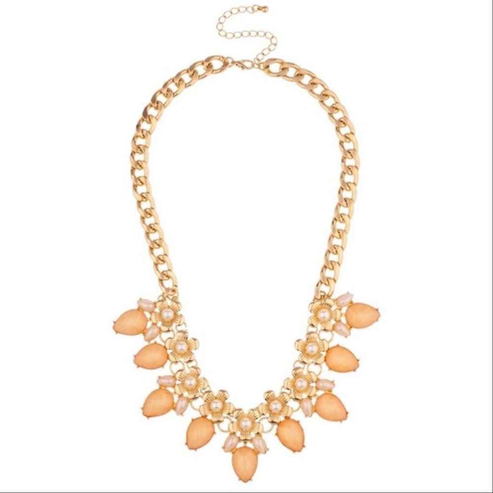 Peach Jewels w/ Pearl Flowers Statement Necklace